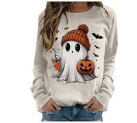 Halloween Jumper Women UK Crewneck Sweatshirt Cute Ghost Fashion Print Pullover Tops Long Sleeve Blouse Lightweight Fall Pullover for Winter