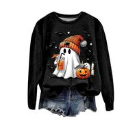 Halloween Jumper Women UK Crewneck Sweatshirt Cute Ghost Fashion Print Pullover Tops Long Sleeve Blouse Lightweight Fall Pullover for Winter B-black