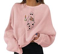 Halloween Jumper Womens Oversized Pullover Cute Pumpkin Print Tops Plus Size Fleece Sweater Casual Crewneck Long Sleeve Tunic Tops Fall Winter Jumper Tops Pink