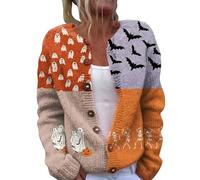 Halloween Jumpers Women Halloween Cardigan for Women UK Plus Size Funny Pumpkin Ghost Jumper Lightweight Long Sleeve Button Down Knitted Sweaters Ladies Festival Outerwear Clothes (f-Orange, M)