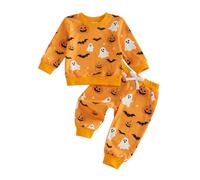 Halloween Kids Boys Outfit Pumpkin Ghost Bats Print Sweatshirt with Pants | Long Sleeve Crew Neck Toddlers 2 Piece Outfit, a Good Combination of Style and Comfort