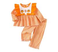 Halloween Kids Clothing for Girls Plaid Long Sleeve Christmas Tree Embroidery Pants Set Baby Girl Birth Gift (Orange, 3-4 Years)