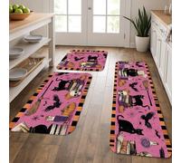 Halloween Kitchen Mats for Floor, Black Cats and Books Vintage Soft Mats, Cushioned Comfort Washable Non Slip Decor Rugs for Kitchen Sinks Laundryroom Bathroom 3Pcs
