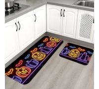 Halloween Kitchen Mats for Floor, Neon Pumpkin and Ghost Patterns, Soft Cushioned Non-Slip Rugs for Kitchen Sinks Laundry Room Bathroom 2PCS
