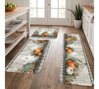 Halloween Kitchen Mats for Floor, Orange Pumpkin Ghosts Vintage Rustic Soft Mats, Cushioned Comfort Washable Non Slip Decor Rugs for Kitchen Sinks Laundry Room Bathroom 3Pcs