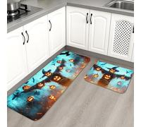 Halloween Kitchen Mats for Floor, Pumpkin Scarecrow Spooky Soft Mats, Cushioned Comfort Washable Non Slip Decor Rugs for Kitchen Sinks Laundryroom Bathroom 2PCS