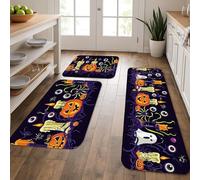Halloween Kitchen Mats for Floor, Spooky Ghosts and Pumpkins Soft Mats, Cushioned Comfort Washable Non Slip Decor Rugs for Kitchen Sinks Laundryroom Bathroom 3Pcs