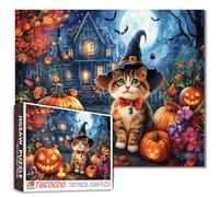 Halloween Kitten Puzzle 1000 Pieces for Adults Cute Cat in Witch Hat with Pumpkins Jigsaw Haunted House Full Moon Autumn Leaves Spooky Holiday Puzzles Fun Challenging Halloween Decor for Home Gift