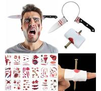 Halloween Knife Through Head Headband + 30pcs Temporary Zombie Wound Tattoos - Scary Props for Adults - Realistic Knife Headband & Fake Tattoos for Halloween Makeup, Face Scars (A)
