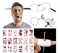 Halloween Knife Through Head Headband + 30pcs Temporary Zombie Wound Tattoos - Scary Props for Adults - Realistic Knife Headband & Fake Tattoos for Halloween Makeup, Face Scars (B)