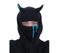 Halloween Knit Balaclava Hat Funny Devil Horns Beanie Hat Winter Adult Warm Full Face Mask Wind Proof Hats (A-Black Blue Silk, ONE Size)