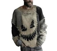 Halloween Knitted Sweater Men, Funny Pumpkin Face Pullover Casual Stylish Hooded Sweatshirt Long Sleeve Vintage Crew Neck Tops Spooky Horror Knit Cozy Sweater Stretchy Comfortable Loungewear