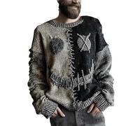 Halloween Knitted Sweater Men, Funny Pumpkin Face Pullover Casual Stylish Hooded Sweatshirt Long Sleeve Vintage Crew Neck Tops Spooky Horror Knit Cozy Sweater Stretchy Comfortable Loungewear Grey