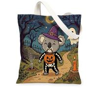 Halloween Koala Canvas Tote Bag for Shopping 13x15, Horror Animal Graveyard Reusable Grocery Print Pattern Bag for Women, Spooky Scary Aesthetic Painting Gift Decor