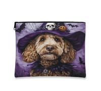 Halloween Labradoodle Dog Makeup Bag 7x9 Inch for Travel Purse, Fun Gothic Witch Bat Pattern Cosmetic Pouch for Women, Witchy Portable Canvas Zipper Organizer
