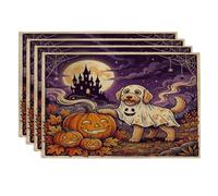 Halloween Labradoodle Dog Placemats Set of 4, 12x18 Inch, Holiday Haunted Houses 4Pcs Washable Table Mats for Dinning, Fall Seasonal Party Home Kitchen Decor