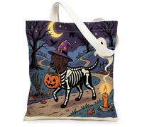 Halloween Labrador Retriever Dog Canvas Tote Bag for Shopping 13x15, Horror Puppy Graveyard Reusable Grocery Print Pattern Bag for Women, Spooky Scary Aesthetic Painting Gift Decor