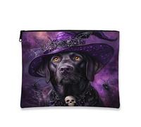 Halloween Labrador Retriever Dog Makeup Bag 7x9 Inch for Travel Purse, Fun Gothic Witch Bat Pattern Cosmetic Pouch for Women, Witchy Portable Canvas Zipper Organizer