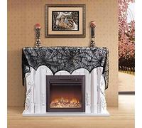 Halloween Lace Fireplace Scarf, Black Halloween Cobweb Fireplace Mantle Scarf Cover, 18 x 96 inch Cloth Spider Web Bats Runner Door Window Curtain Kitchen Decor for Halloween Party Decorations