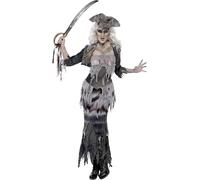 Smiffys Deluxe Ghost Ship Ghoulina Costume, Grey with Top, Skirt, Jacket & Hat, Halloween Adult Fancy Dress, Adult Dress Up Costumes
