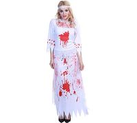 Halloween Ladies Graveyard Bridal Cosplay Corpse Bride Costume Gothic Ghost White Dress with Bloodstain Spooky Bloody Vampire Zombie Wedding Dress with Veil Fancy Dress for Party