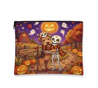 Halloween Lakeland Terrier Dog Makeup Bag, Fall Fun Skeleton Printed Cosmetic Travel Pouch for Women Girls, Farm Portable Canvas Zipper Organizer 7x9 Inch