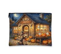Halloween Lakeland Terrier Dog Makeup Bag, Holiday Cute Pumpkins Printed Cosmetic Travel Pouch for Women, Fall Portable Small Canvas Zipper Organizer 7x9 Inch