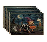 Halloween Lakeland Terrier Dog Placemats Set of 6, 12x18 Inch, Horror Puppy Graveyard 6Pcs Soft Table Mats for Home Dinning, Spooky Scary Holiday Party Kitchen Print Pattern Decor