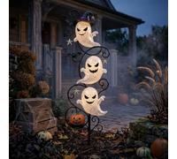 Halloween LED Garden Stake Three-Tier Specter Design with Witch Hat Bat Jack O Lantern Wrought Iron Construction Matte Black Coating Weather Resistant