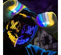 Halloween LED Glowing Horror Masks, LED Horror Masks and Gloves Glitter Skull Finger Gloves Glow in The Dark Gloves for Adults & Kids Christmas Gifts (Yellow + Blue)