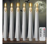 Halloween Led Taper Candles, Ghost Shaped Flameless Taper Candles, White Spooky Candle Plastic Candle with Remote and Timer for Party Home Table Centerpieces Fireplace, Battery Operated (6pcs)