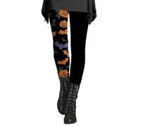 Halloween Leggings for Women Stretch High Waisted Buttery Soft Pumpkin Bat Compression Leggings Plus Size Tummy Control Thermal Tights Pants,Black,XXL