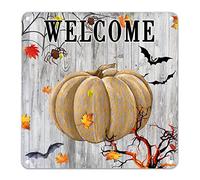 Halloween Leopard Pumpkin Tin Sign Maple Leaf Bats Metal Sign Scary Halloween Tiered Tray Sign Holiday Party Tiered Tray Decor Creepy House Art for Home Kitchen Fireplace Mantle Bar 12x12in