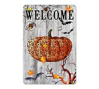 Halloween Leopard Pumpkin Tin Sign Retro Wood Grain Metal Sign Scary Halloween Welcome Sign Holiday Party Tiered Tray Decor Creepy House Art for Home Kitchen Fireplace Mantle Pub 12x8in