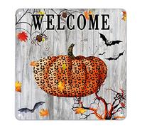Halloween Leopard Pumpkin Tin Sign Retro Wood Grain Metal Sign Scary Halloween Welcome Sign Holiday Party Tiered Tray Decor Creepy House Art for Home Kitchen Fireplace Mantle Cafe 12x12in