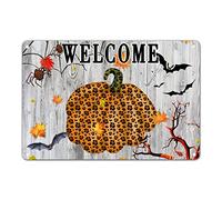 Halloween Leopard Pumpkin Tin Sign Retro Wood Grain Metal Sign Scary Happy Halloween Decorations Holiday Party Tiered Tray Decor Creepy House Art for Home Kitchen Fireplace Mantle Bar 8x12in
