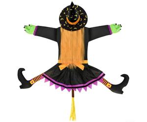 Halloween Lighted Flying Witch Decoration, Crashing Witch Into Tree With Led Lights, Lifelike Orange Hair Nylon Prop For Outdoor Yard Garden Party, 108X77Cm