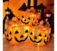 Halloween Lighted Gift Boxes, Set of 3, Glittery Parcel Lights with 50 LED Lights, 8 Display Modes for Fireplace, Room, Window, Porch Decor