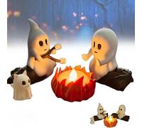 Halloween Lights Ghost Campfire Gathering with Cat and Dog Ghost Campfire LED Nightlight Cute Warm Statue Funny Halloween Decorations for Home Mantel Desk Bedside Lighting (with a cat)