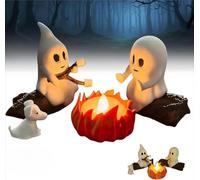 Halloween Lights Ghost Campfire Gathering with Cat and Dog Ghost Campfire LED Nightlight Cute Warm Statue Funny Halloween Decorations for Home Mantel Desk Bedside Lighting (with a Dog)