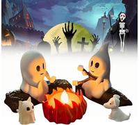 Halloween Lights Ghost Campfire Gathering with Cat and Dog Ghost Campfire LED Nightlight Cute Warm Statue Funny Halloween Decorations for Home Mantel Desk Bedside Lighting (with cat and Dog)