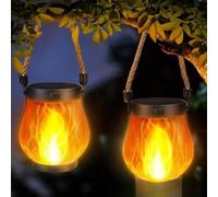 Halloween Lights,Solar Lantern Outdoor Lights Rechargeable,Waterproof Flickering Flame Solar Lantern with Warm Light,Halloween Mood Lighting Portable Hanging Fire Bowl for Garden,Patio,Camping (2)