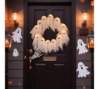 Halloween Llight Up Ghost Wreath for Suspend Front Door Glowing White Ghost Flower Wreaths Kit Wall Decor Battery Powered Halloween Party Ghost Wreath Hanging Decorations for Indoor (Pre-assembled)