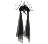 Halloween Long Black Veil with Rose Flower Crown Gothic Corpse Bride Hairband Wedding Bridal Veil Costume Headwear Floral Garland Wreath Fancy Dress Hair Accessory Day of the Dead Party Accessories