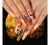 Halloween Long Coffin Press on Nails - 24PCS Orange Tip False Nails Long Square - Acrylic Stick on Nails with Glue - Handmade Fake Nails for Women Nail Art Decoration