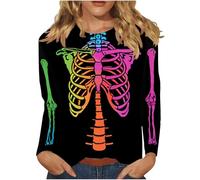 Halloween Long Sleeve Top Women UK Clearance Skull Skeleton Shirt Round Neck Adult Halloween Costumes Cute Funny Graphic Tshirts Slouchy Shirts Halloween Sweatshirts Pullover Top