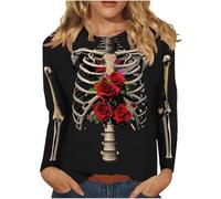 Halloween Long Sleeve Top Women UK Sale Clearance Skull Skeleton Shirt Round Neck Adult Halloween Costumes Cute Funny Graphic Tshirts Slouchy Shirts Halloween Sweatshirts Pullover Top