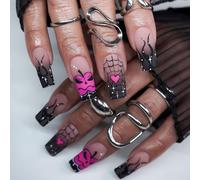 Halloween Long Square Press on Nail - Black Fake Nails - Flame Spider False Nail Design - Women's Stick on Nails - T-Shape Gothic Nails