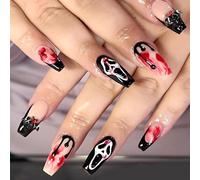 Halloween Long Square Press On Nails - Halloween 3D Bat Fake Nails with Dripping Blood Effect, Long Lasting False Nails for Women & Teens, Zombie, Vampire Cosplay Party Nail Art
