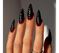 Halloween Long Stiletto Press on Nails,24pcs Black Blood False Nails With Glue,Wine Red With 3D Design,Long Almond Dark Style Stick on Nails,Glue-on Acrylic Full Cover Fake Nail for Women